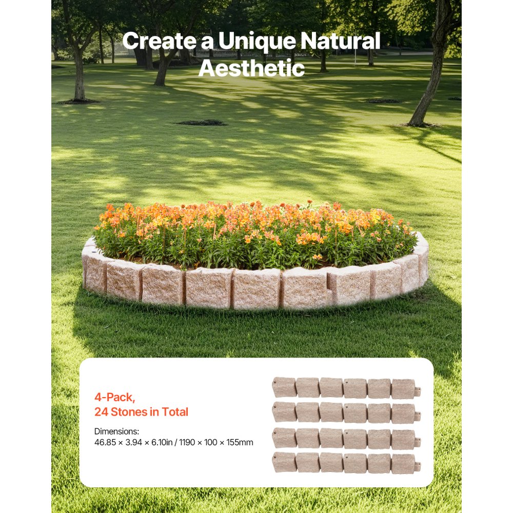VEVOR Lawn Edging in Stone Look, Set of 4, 1190x100x155 mm, Realistic Lawn Edging, Brick-Size Bed Border with Anchoring Spikes, Bed Edging for Driveways, Walkways, Beige