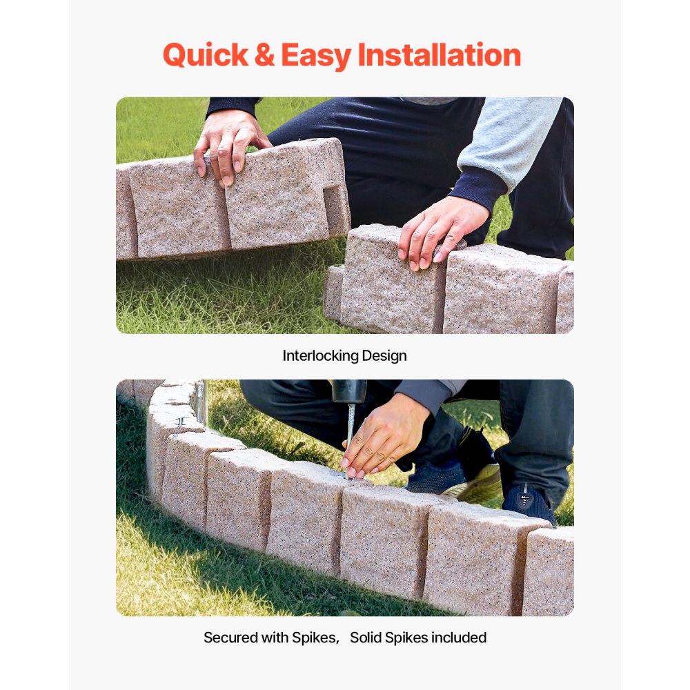 VEVOR Lawn Edging in Stone Look, Set of 4, 1190x100x155 mm, Realistic Lawn Edging, Brick-Size Bed Border with Anchoring Spikes, Bed Edging for Driveways, Walkways, Beige