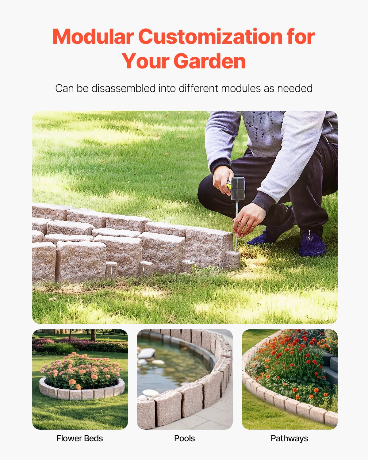 VEVOR Lawn Edging in Stone Look, Set of 4, 1190x100x155 mm, Realistic Lawn Edging, Brick-Size Bed Border with Anchoring Spikes, Bed Edging for Driveways, Walkways, Beige