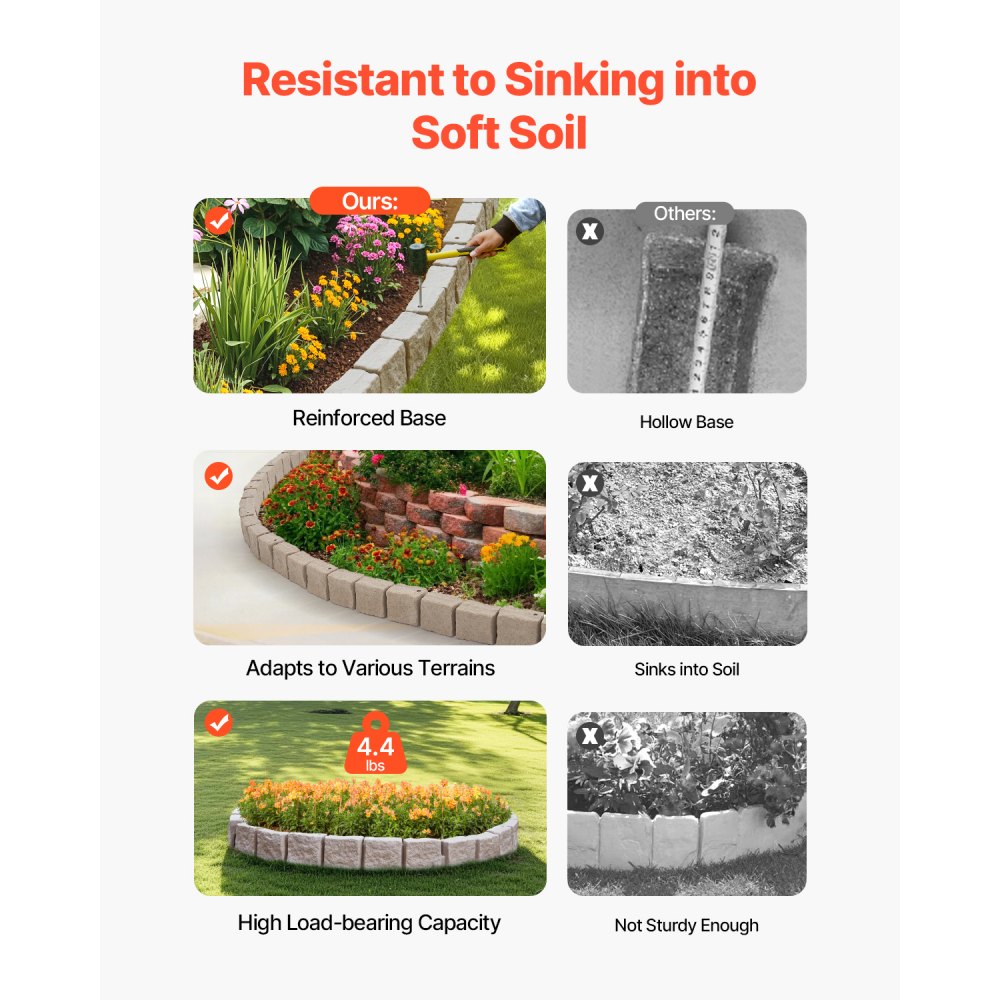 VEVOR Lawn Edging in Stone Look, Set of 4, 1190x100x155 mm, Realistic Bed Border, Flexible Garden Edging in Brick Size with Anchoring Spikes, Bed Border for Driveways, Walkways, Brown