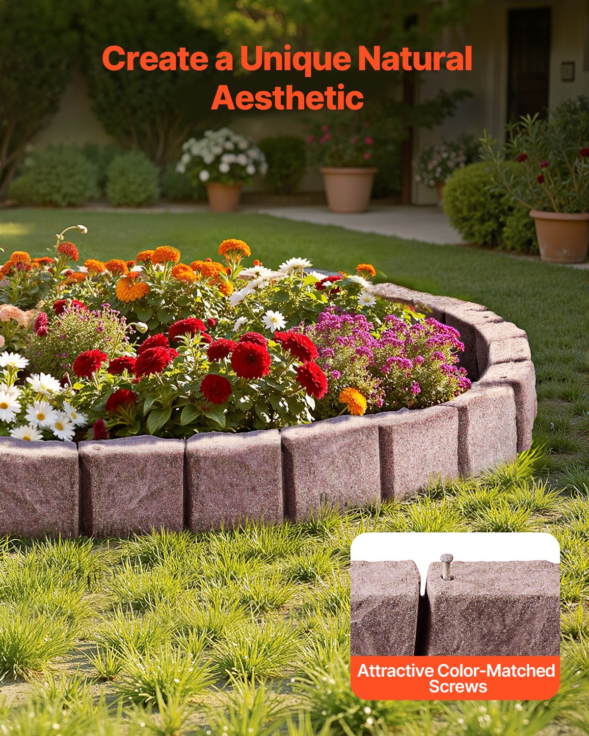 VEVOR Borde de Piedra Artificial para Jardín 1190 x 100 x 155 mm, 4 PCS Borde de Césped Realista Flexible del Tamaño de un Ladrillo con Púas de Anclaje, para Caminos de Acceso y Pasarelas, Marrón