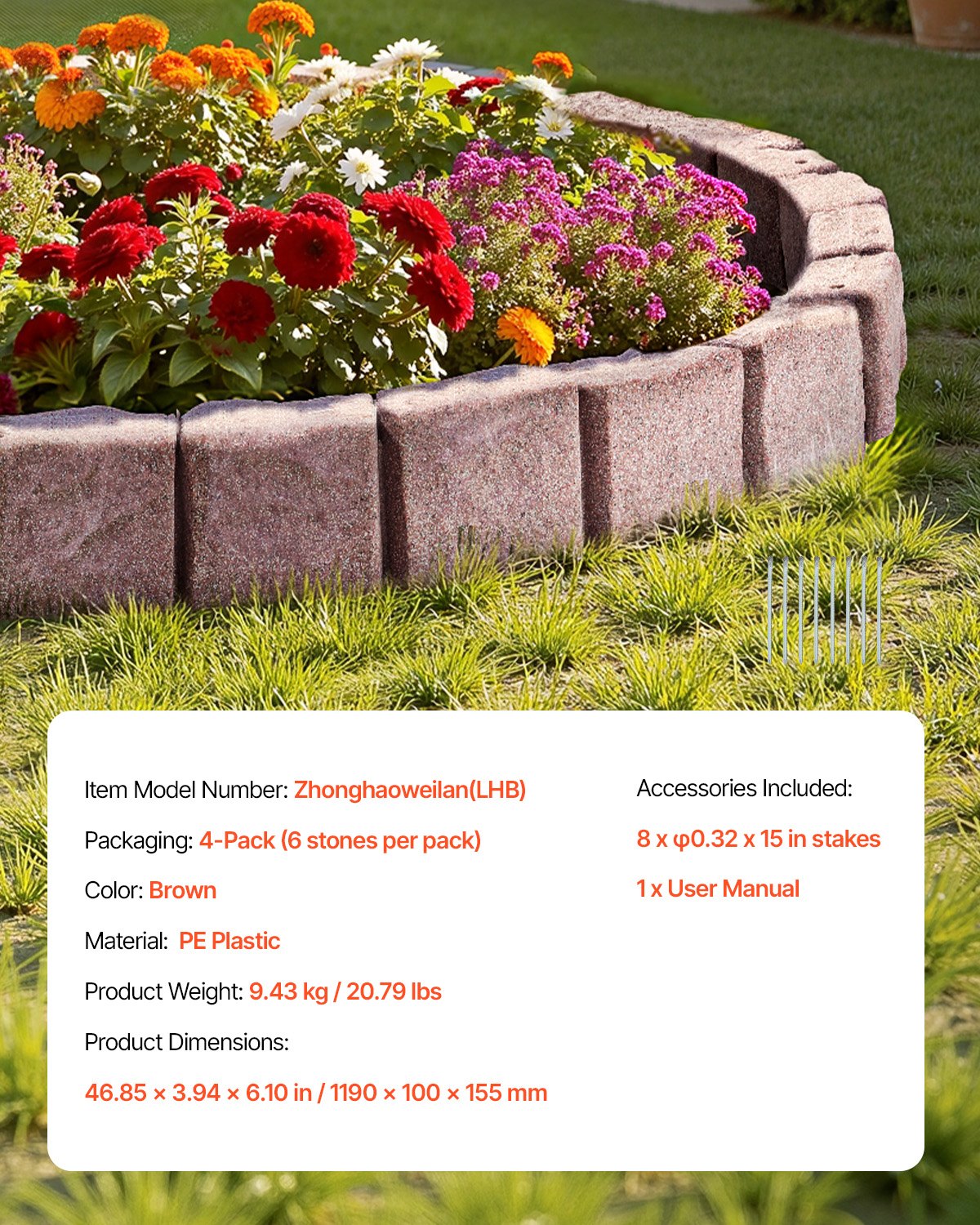 VEVOR Borde de Piedra Artificial para Jardín 1190 x 100 x 155 mm, 4 PCS Borde de Césped Realista Flexible del Tamaño de un Ladrillo con Púas de Anclaje, para Caminos de Acceso y Pasarelas, Marrón