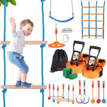 VEVOR Ninja Course para niños Slackline y kit de carrera de obstáculos 2x17m Carga 500lbs 12 obstáculos Equipo de juego al aire libre con red de escalada Monkey Bar para jardín patio trasero