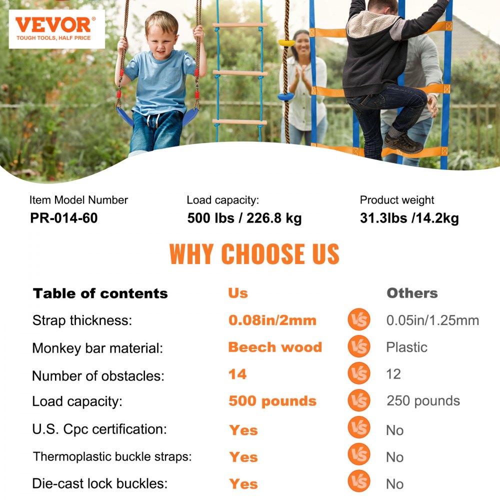 VEVOR Ninja Course para niños Slackline y kit de carrera de obstáculos 2x60 pies de carga 500 lbs 14 obstáculos Equipo de juego al aire libre con red de escalada Monkey Bar para patio trasero jardín