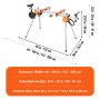 Dimensiones del soporte para sierra ingletadora VEVOR: extensión 44-104 pulgadas, altura 33,8-38 pulgadas, tamaño 44 x 30 x 33,8 pulgadas.