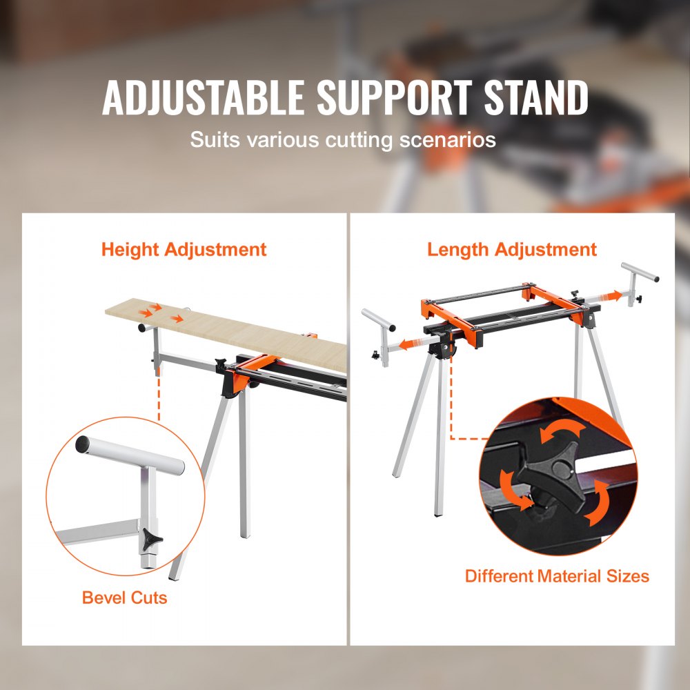 VEVOR Soporte para Sierra Ingletadora de Acero con Abrazaderas de Soporte de Montaje de Una Pieza Carga de 136,1 kg Altura y Longitud Ajustables, Soporte para Sierra Ingletadora Portátil y Plegable