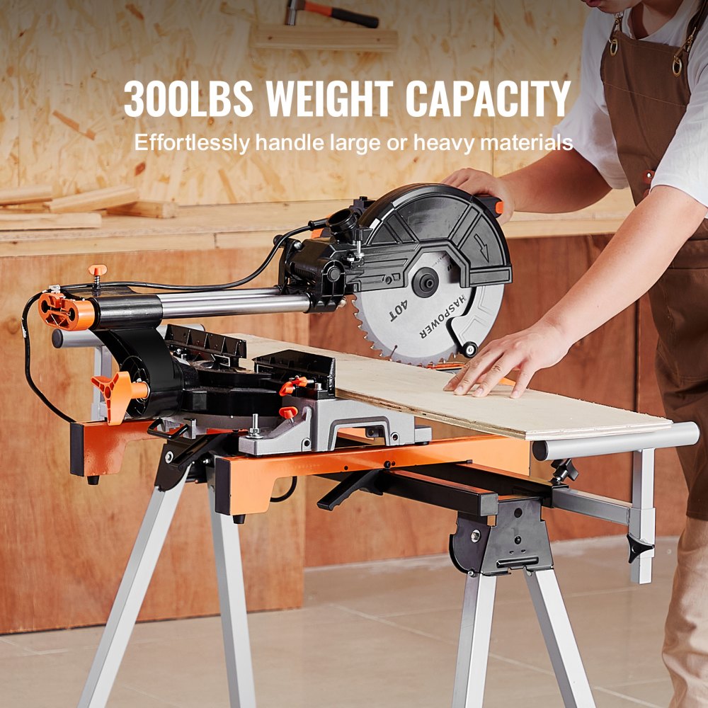 VEVOR Soporte para Sierra Ingletadora de Acero con Abrazaderas de Soporte de Montaje de Una Pieza Carga de 136,1 kg Altura y Longitud Ajustables, Soporte para Sierra Ingletadora Portátil y Plegable