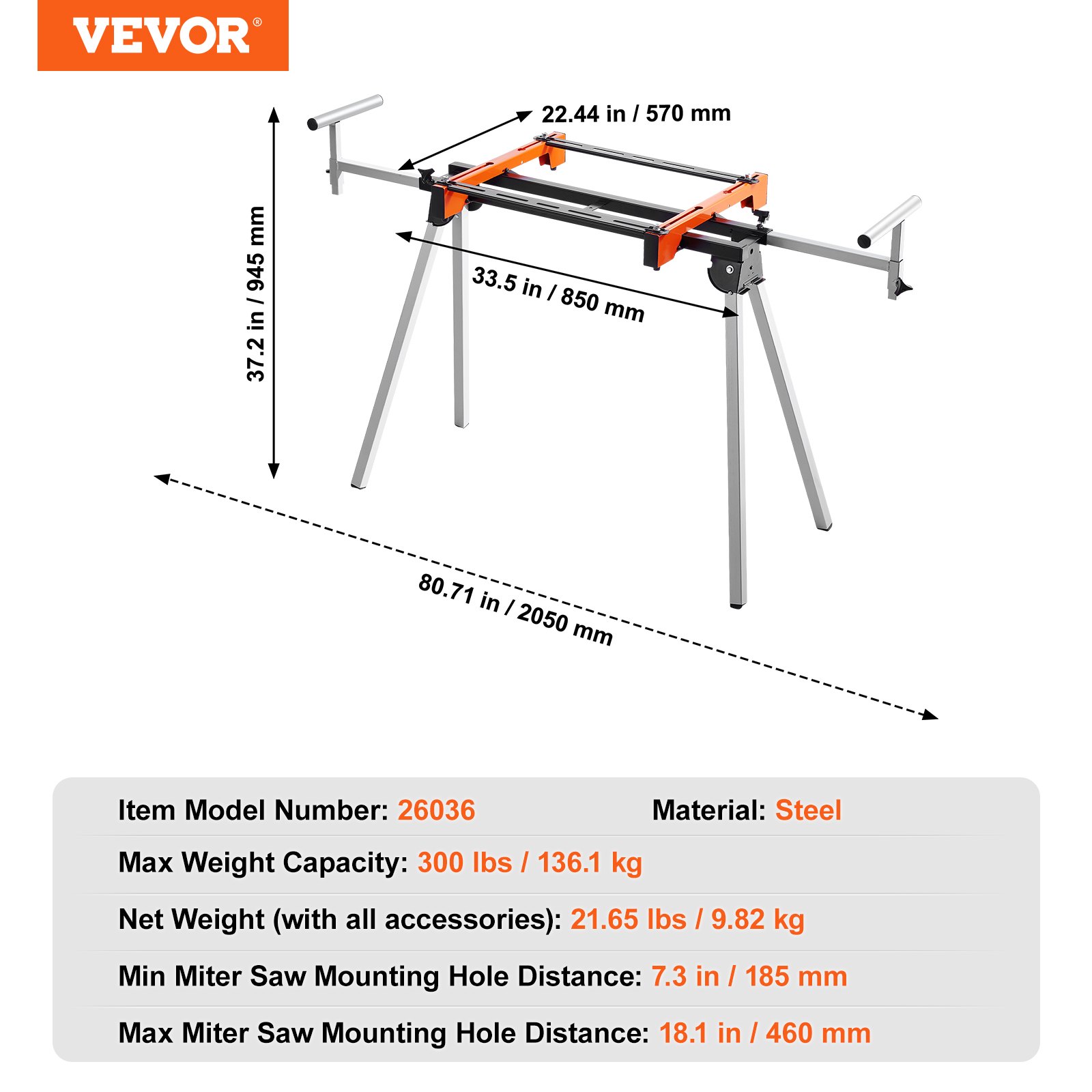 VEVOR Soporte para Sierra Ingletadora de Acero con Abrazaderas de Soporte de Montaje de Una Pieza Carga de 136,1 kg Altura y Longitud Ajustables, Soporte para Sierra Ingletadora Portátil y Plegable