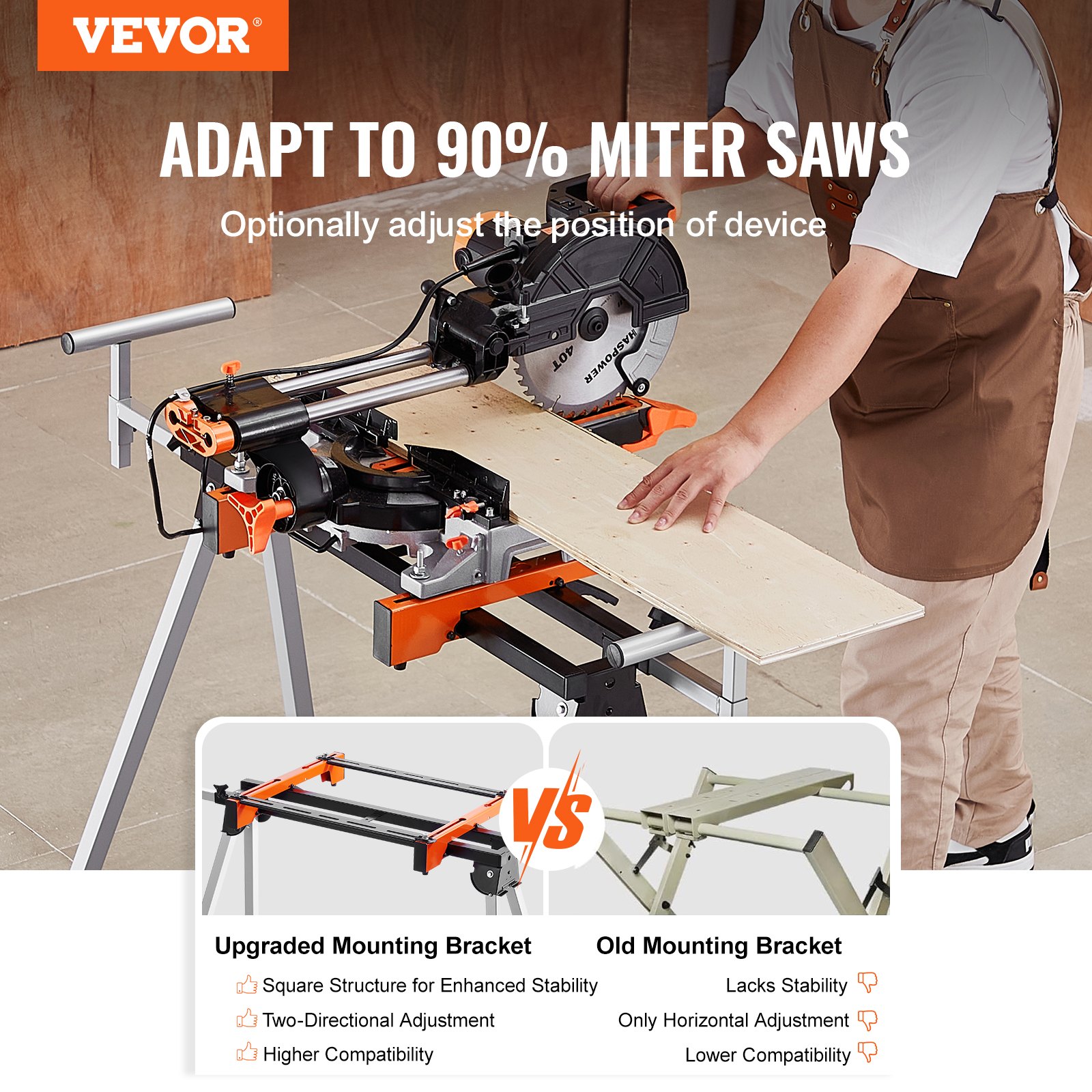 VEVOR Soporte para Sierra Ingletadora de Acero con Abrazaderas de Soporte de Montaje de Una Pieza Carga de 136,1 kg Altura y Longitud Ajustables, Soporte para Sierra Ingletadora Portátil y Plegable