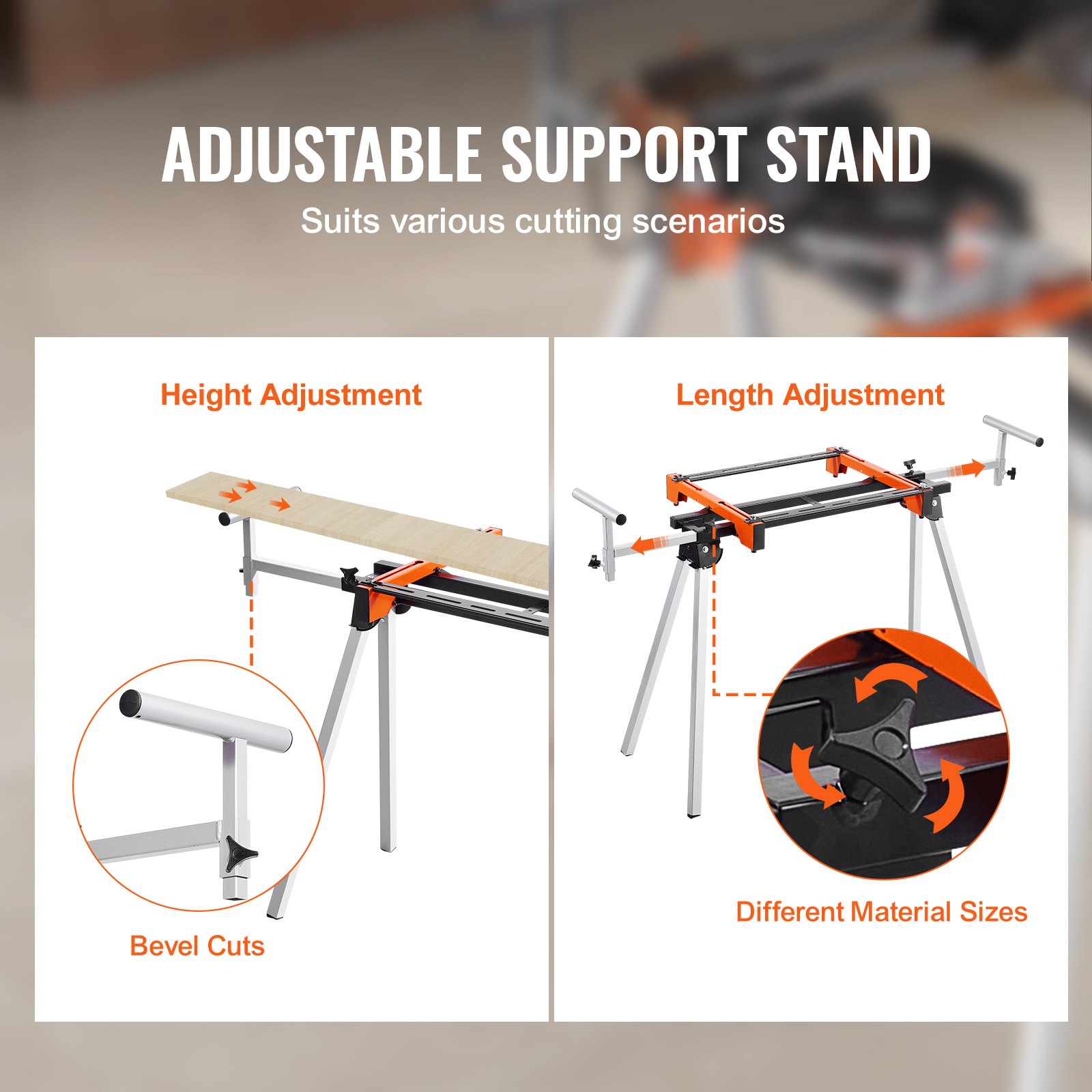 VEVOR Soporte para Sierra Ingletadora de Acero con Abrazaderas de Soporte de Montaje de Una Pieza Carga de 136,1 kg Altura y Longitud Ajustables, Soporte para Sierra Ingletadora Portátil y Plegable