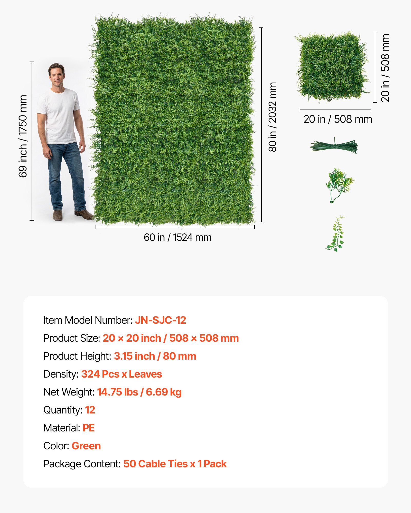 VEVOR Jardín Vertical Artificial 50,8 x 50,8 cm, Panel Decorativo de Pared 12 Unidades, Planta de Estilo Selvático, Pantalla de Privacidad, Decoración para Boda Exterior Interior Terraza Hogar Oficina