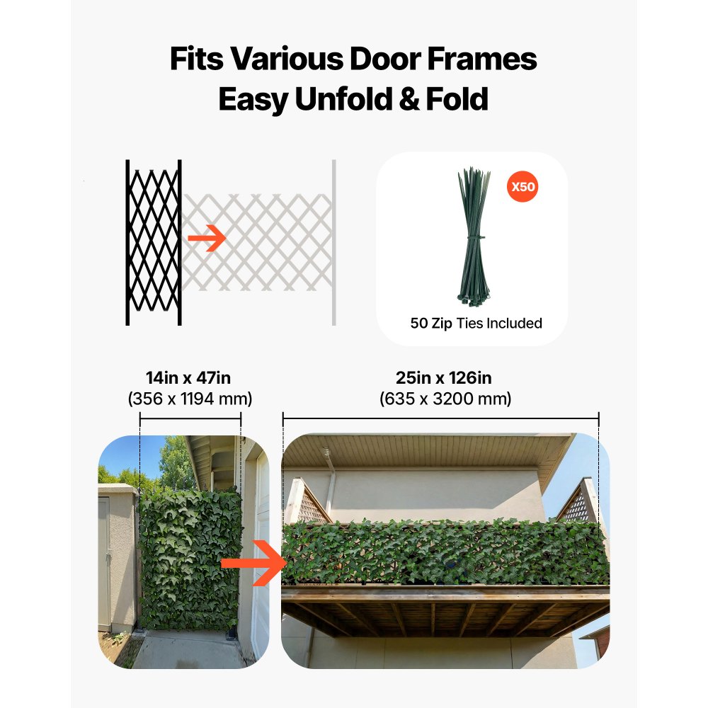 VEVOR Seto Artificial 63,5 x 320 cm 1 Unidad, Valla Decorativa de Hiedra Artificial, Malla de Hojas Verdes, con 50 Bridas de Plástico, Pantalla de Privacidad para Jardín Balcón Ático Terraza Piscina