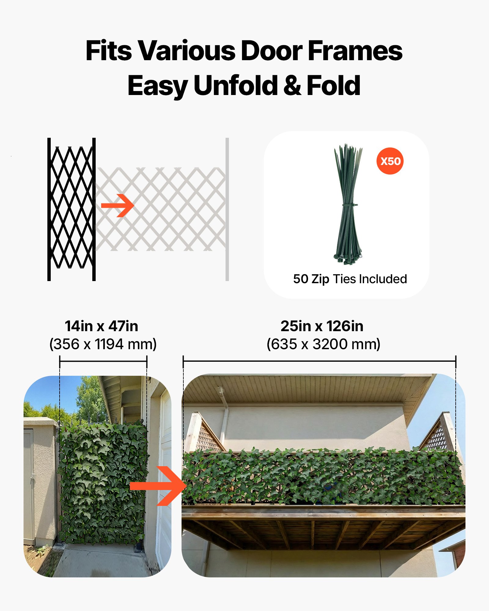 VEVOR Seto Artificial 63,5 x 320 cm 1 Unidad, Valla Decorativa de Hiedra Artificial, Malla de Hojas Verdes, con 50 Bridas de Plástico, Pantalla de Privacidad para Jardín Balcón Ático Terraza Piscina