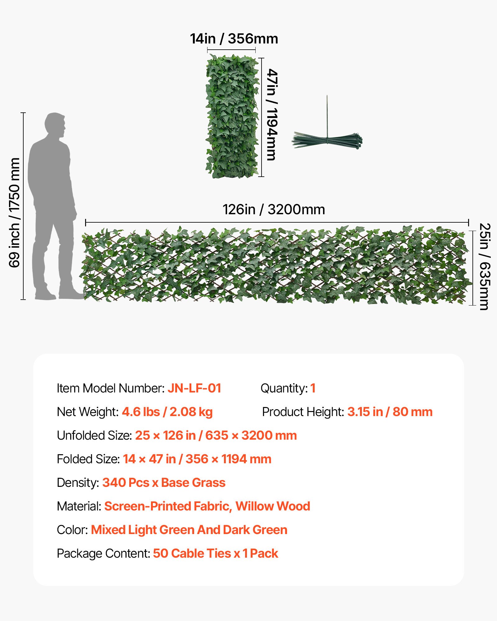 VEVOR Seto Artificial 63,5 x 320 cm 1 Unidad, Valla Decorativa de Hiedra Artificial, Malla de Hojas Verdes, con 50 Bridas de Plástico, Pantalla de Privacidad para Jardín Balcón Ático Terraza Piscina