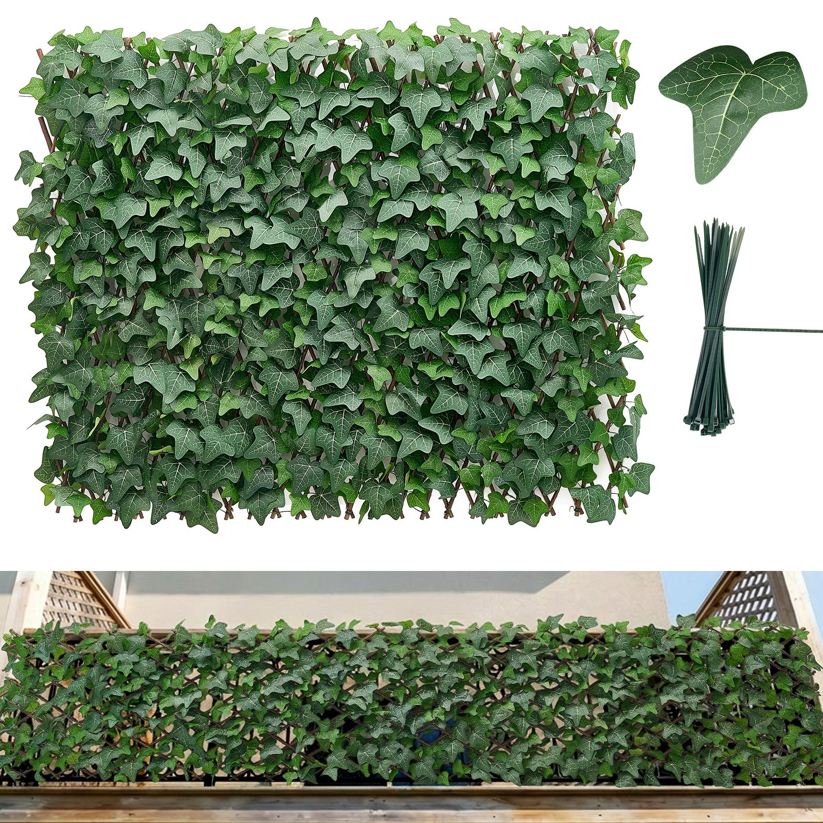 VEVOR Seto Artificial 63,5 x 320 cm 1 Unidad, Valla Decorativa de Hiedra Artificial, Malla de Hojas Verdes, con 50 Bridas de Plástico, Pantalla de Privacidad para Jardín Balcón Ático Terraza Piscina