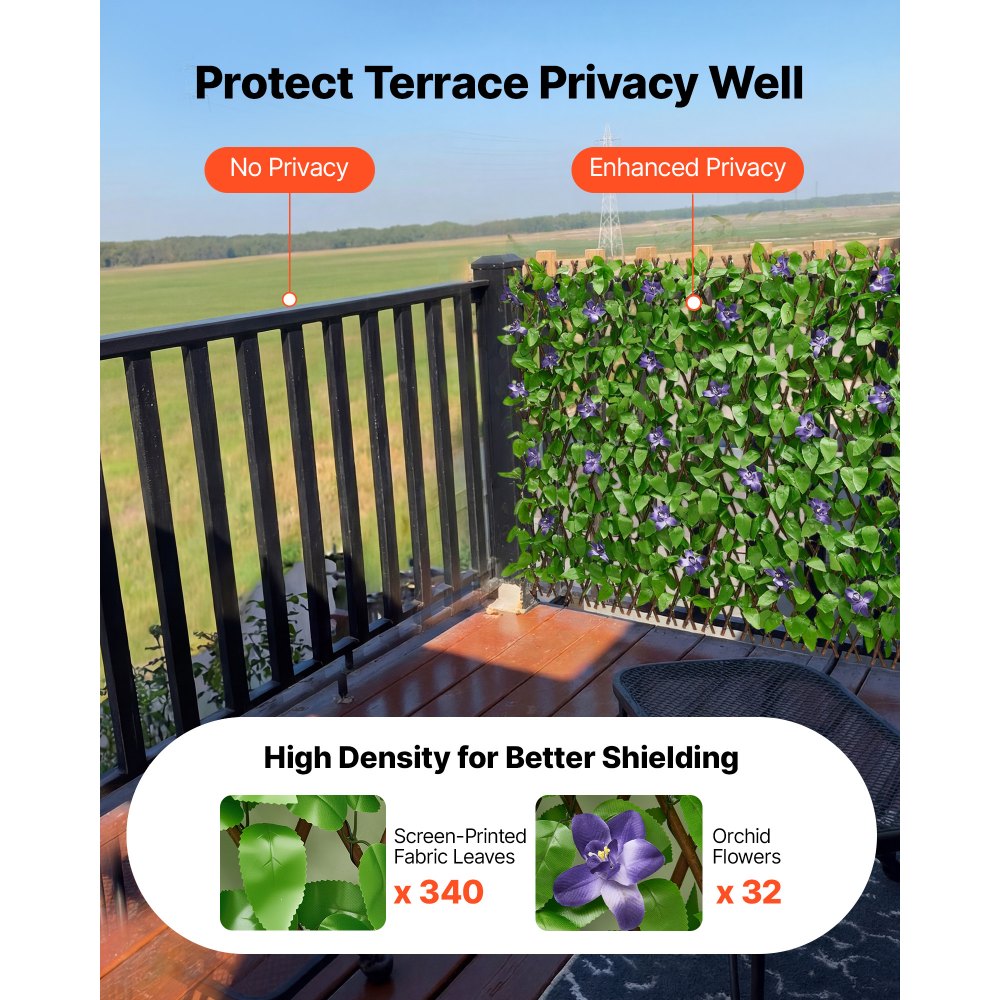 VEVOR Seto Artificial 64,9 x 310 cm, Valla Decorativa de Hiedra Artificial, 2 Unidades, con 50 Bridas, Hojas Verdes y Flores Moradas, Pantalla de Privacidad para Jardín Balcón Ático Terraza Piscina