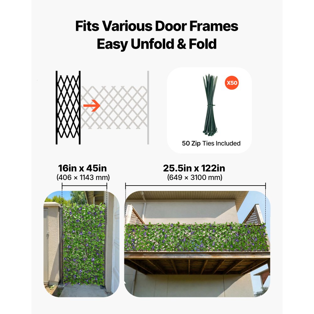 VEVOR Seto Artificial 64,9 x 310 cm, Valla Decorativa de Hiedra Artificial, 2 Unidades, con 50 Bridas, Hojas Verdes y Flores Moradas, Pantalla de Privacidad para Jardín Balcón Ático Terraza Piscina