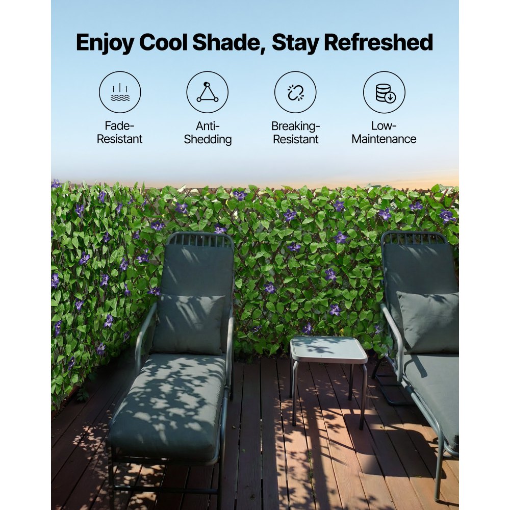 VEVOR Seto Artificial 64,9 x 310 cm, Valla Decorativa de Hiedra Artificial, 2 Unidades, con 50 Bridas, Hojas Verdes y Flores Moradas, Pantalla de Privacidad para Jardín Balcón Ático Terraza Piscina