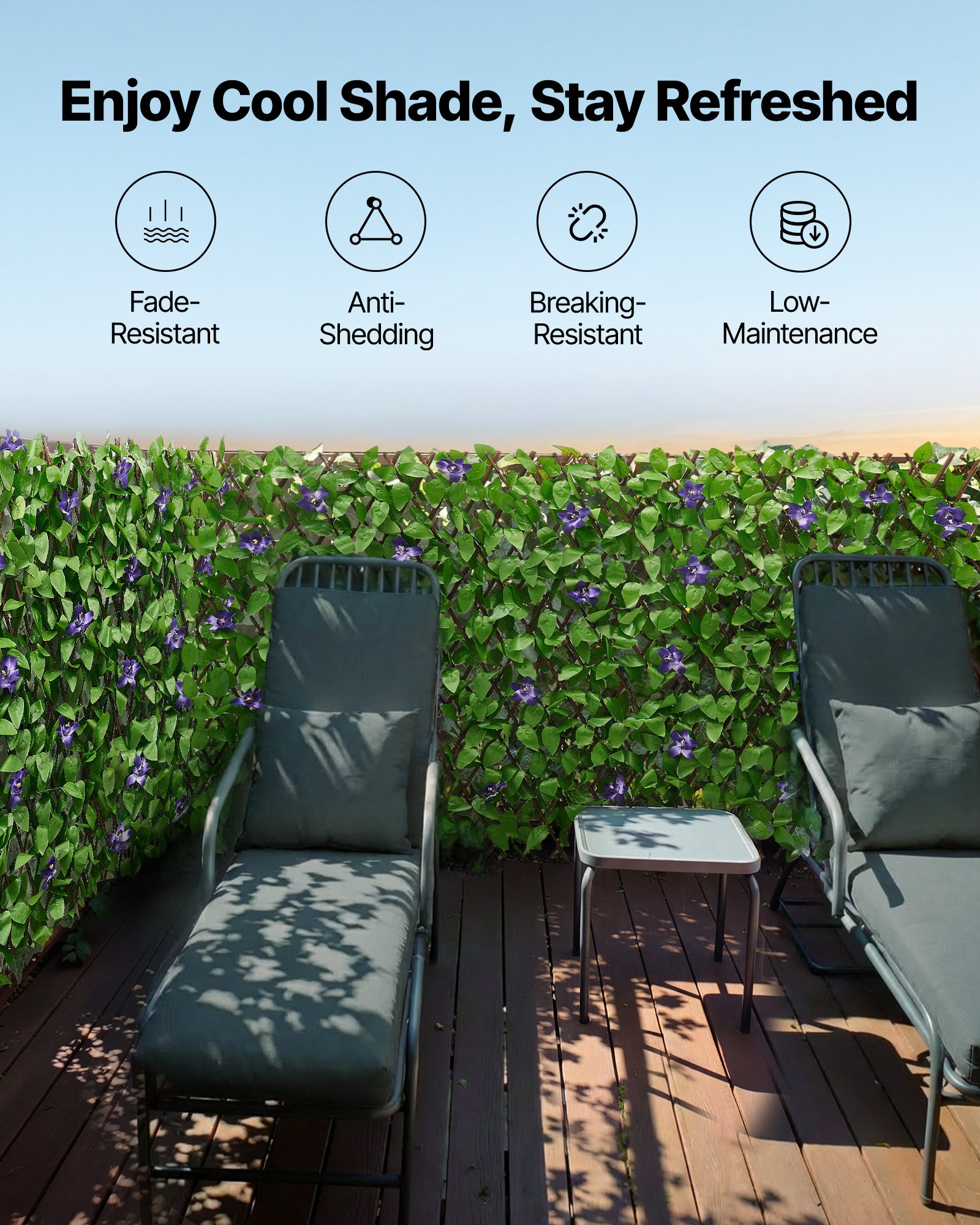 VEVOR Seto Artificial 64,9 x 310 cm, Valla Decorativa de Hiedra Artificial, 2 Unidades, con 50 Bridas, Hojas Verdes y Flores Moradas, Pantalla de Privacidad para Jardín Balcón Ático Terraza Piscina
