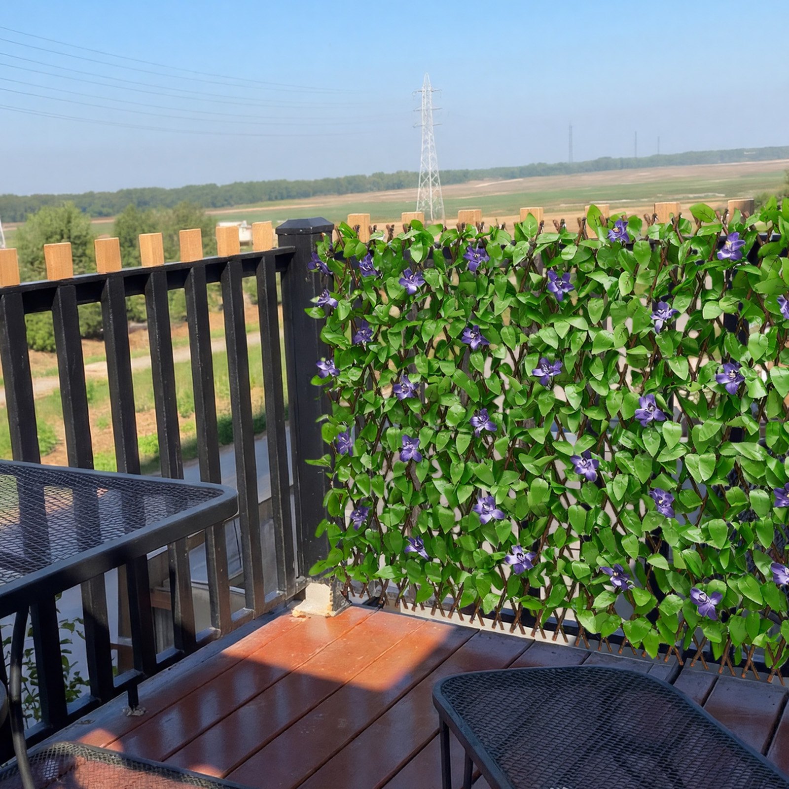 VEVOR Seto Artificial 64,9 x 310 cm, Valla Decorativa de Hiedra Artificial, 2 Unidades, con 50 Bridas, Hojas Verdes y Flores Moradas, Pantalla de Privacidad para Jardín Balcón Ático Terraza Piscina
