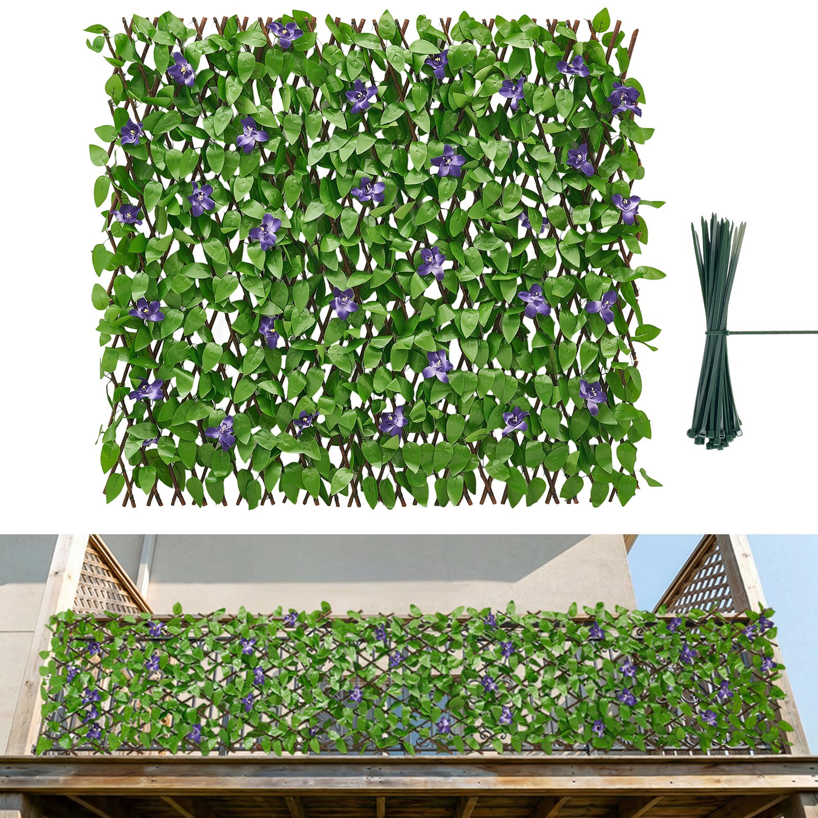 VEVOR Seto Artificial 64,9 x 310 cm, Valla Decorativa de Hiedra Artificial, 2 Unidades, con 50 Bridas, Hojas Verdes y Flores Moradas, Pantalla de Privacidad para Jardín Balcón Ático Terraza Piscina