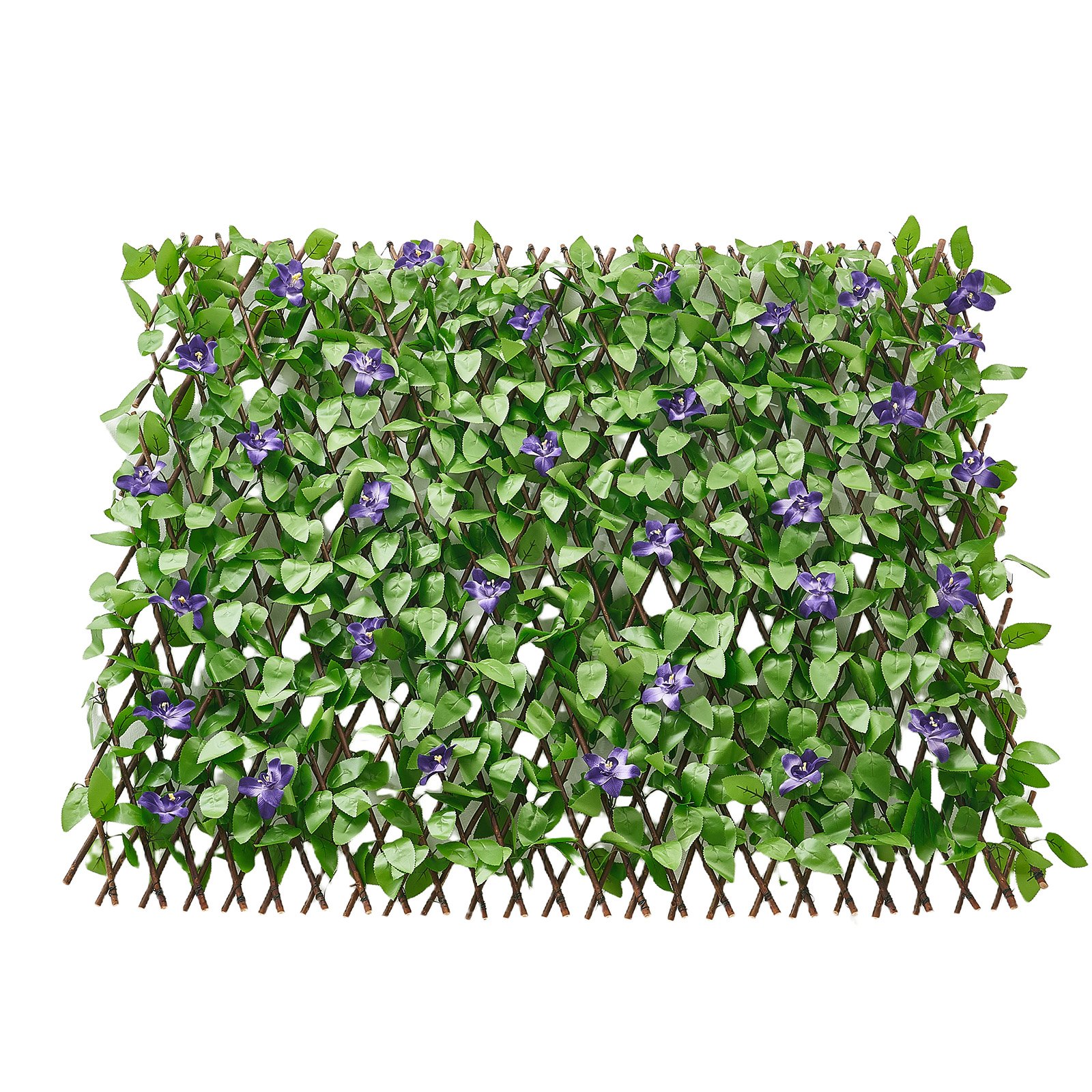 VEVOR Seto Artificial 64,9 x 310 cm, Valla Decorativa de Hiedra Artificial, 2 Unidades, con 50 Bridas, Hojas Verdes y Flores Moradas, Pantalla de Privacidad para Jardín Balcón Ático Terraza Piscina