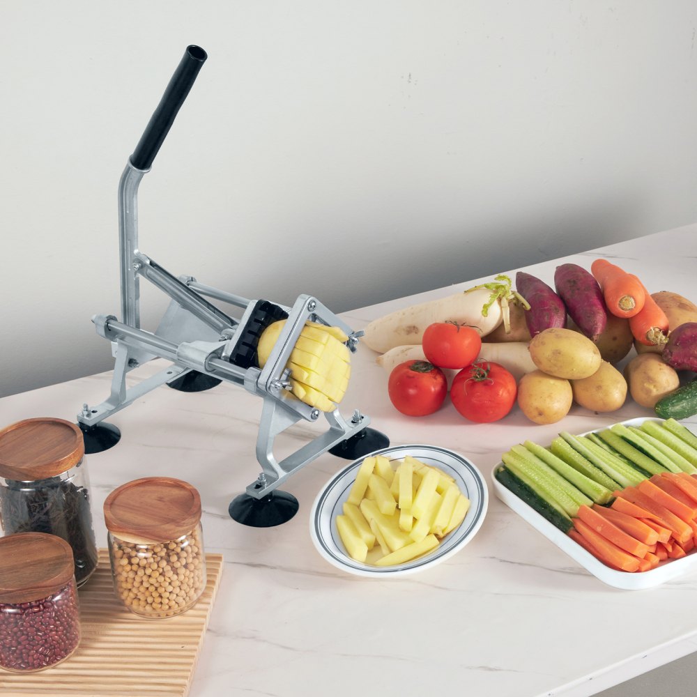 VEVOR Cortador Manual Profesional de Patatas Fritas Cortador de Verduras Multifunción Cuerpo de Aluminio 2 Cuchillas de Acero Inoxidable 12,7 mm y 9,5 mm Cortar Patatas Frutas en Palitos para Cocina