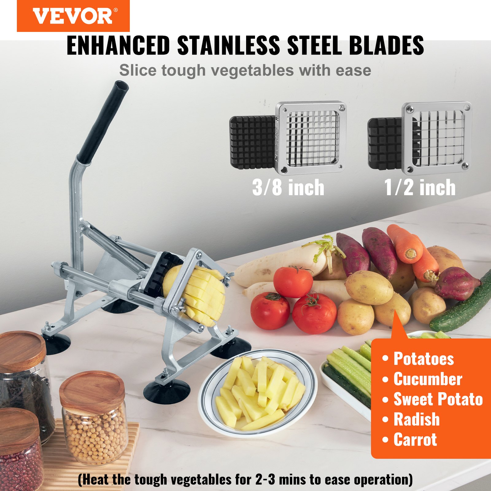VEVOR Cortador Manual Profesional de Patatas Fritas Cortador de Verduras Multifunción Cuerpo de Aluminio 2 Cuchillas de Acero Inoxidable 12,7 mm y 9,5 mm Cortar Patatas Frutas en Palitos para Cocina