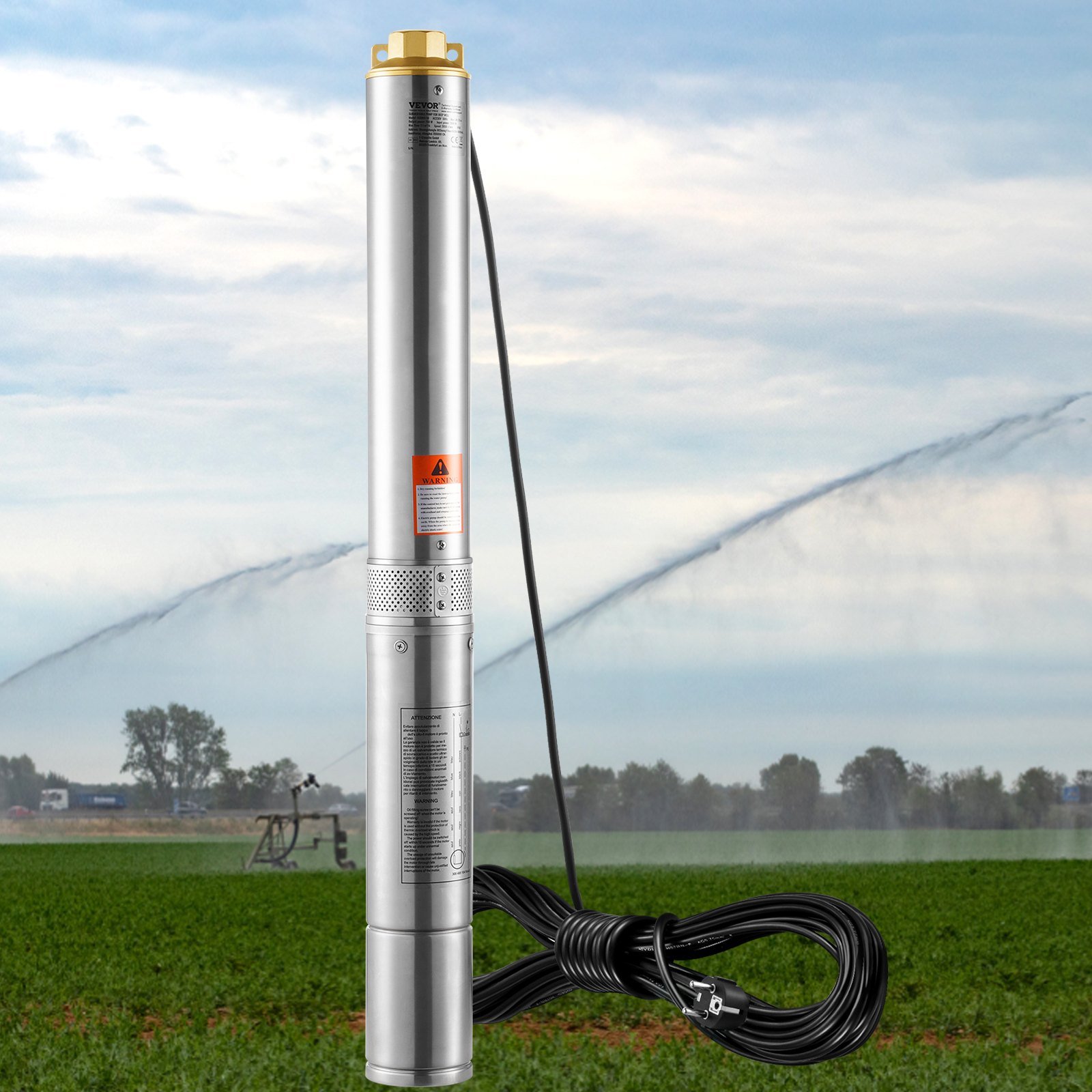 VEVOR Deep Well Submersible Pump, 750 W, 230 V, 60 Hz, 7.1 m³/h max. flow rate, 75 m max. delivery head, with 9.1 m power cable, stainless steel water pump for industrial, irrigation and home use, IP68 water protection class