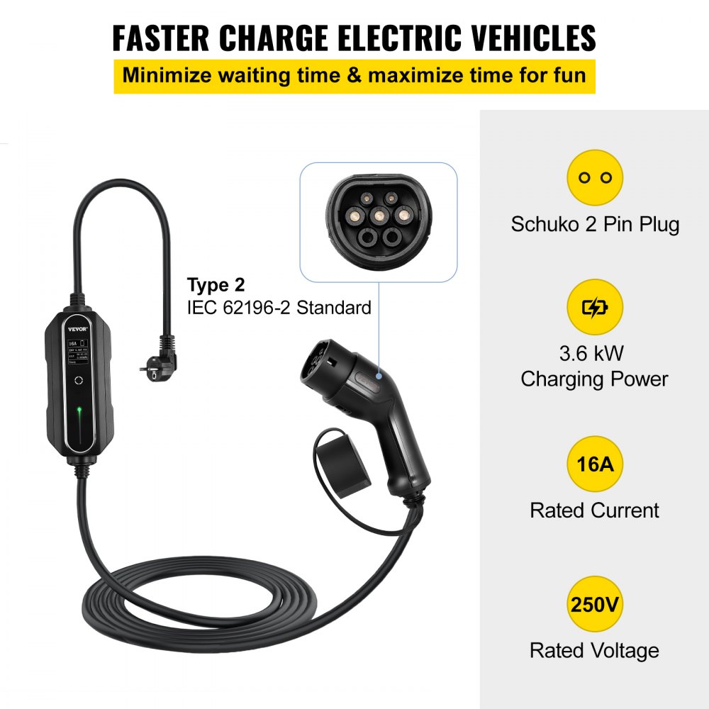 VEVOR Cargador Portátil de Vehículos Eléctricos de 16 A Tipo 2, Cargador Home EV 3,6 kW Cargador de Coche EV Compatible con la Mayoría de los Coches Eléctricos, que Cumplen con la Norma IEC 62196-2