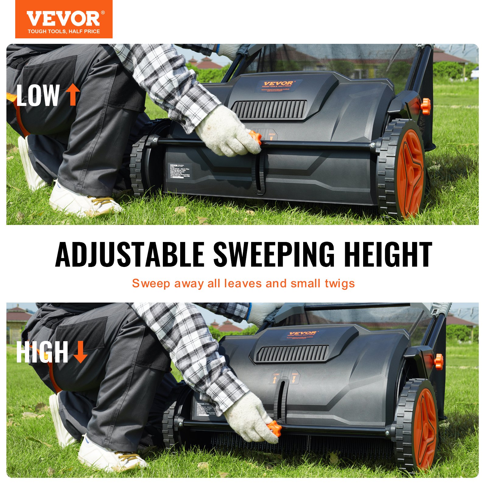 VEVOR Hand Lawn Mower, 53.5cm Sweeping Width, Manual Lawn Mower, 99L Grass Catcher Capacity, Reel Mower, 112x67x90cm, Adjustable Hand Reel Mower for Sweeping Leaves, Grass Clippings, and Small Twigs