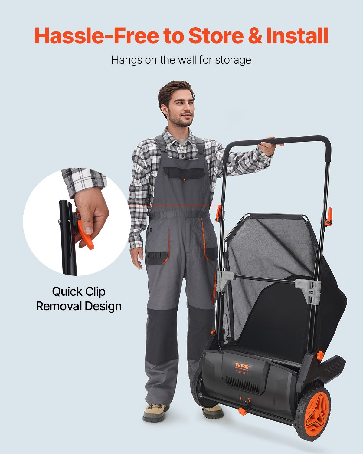 VEVOR Barredora de Césped 99 L Manual con Bolsa Ancho de Barrido 53,5 cm Cepillo Giratorio Altura Ajustable con Ruedas de 25 cm para Césped Hojas de Jardín Escombros Secos 112x67x90 cm