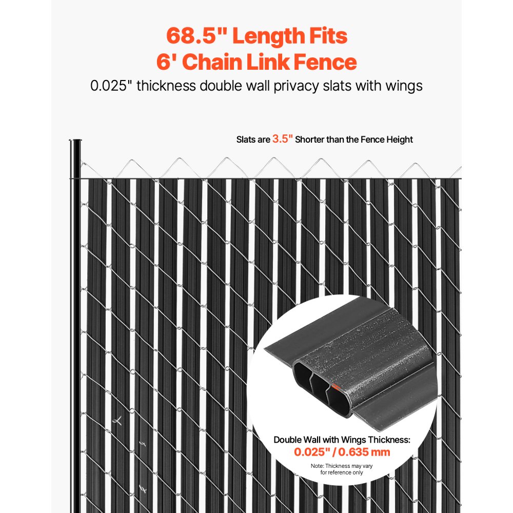 VEVOR privacy screen slats 1740 mm, double-walled vertical slats with ground locking mechanism and wings for chain link fences, HDPE chain link slats, ideal for garden and farm (black)