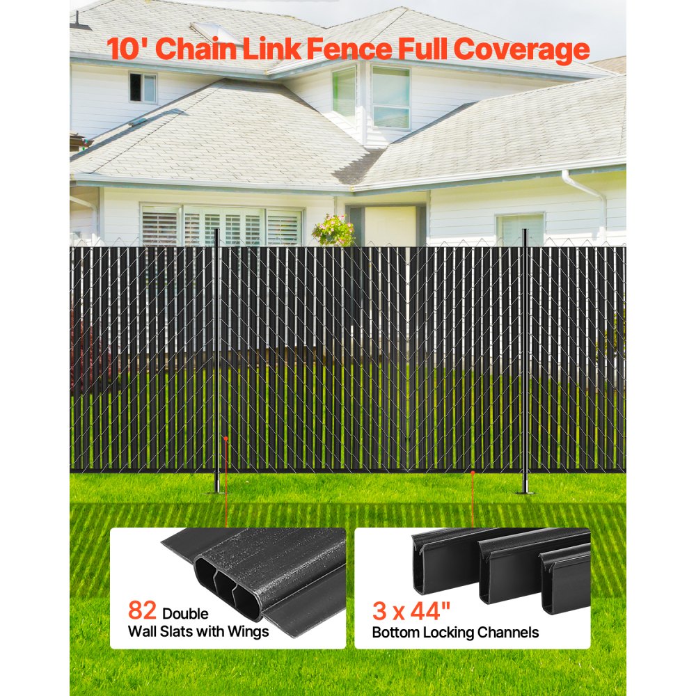 VEVOR privacy screen slats 1740 mm, double-walled vertical slats with ground locking mechanism and wings for chain link fences, HDPE chain link slats, ideal for garden and farm (black)