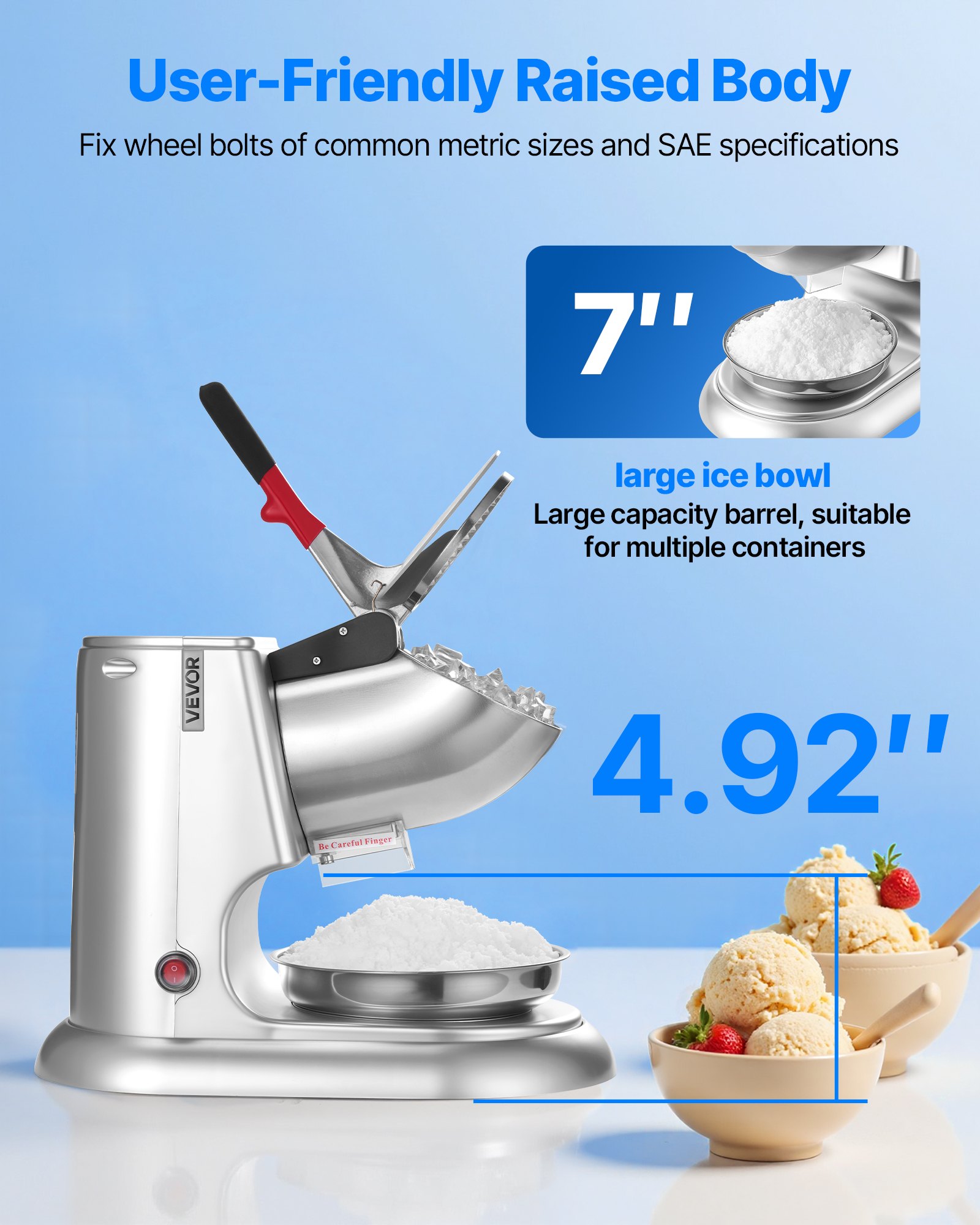 VEVOR Ice Crusher Machine, 100kg Per Hour Electric 4 Blades Snow Cone Maker, Stainless Steel Shaved Ice Machine with Bowl and Cover, 300W 2000RPM Ice-Shaver for Home and Commercial Use, Silver