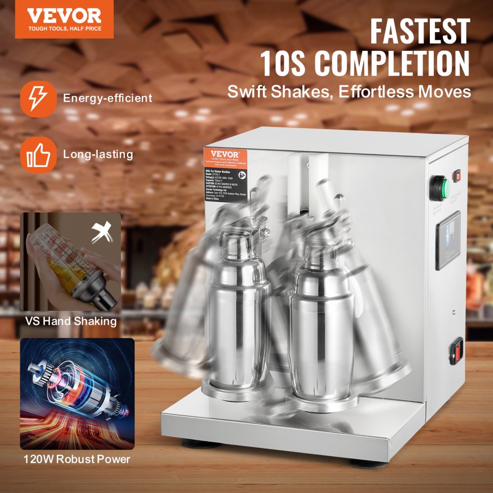 VEVOR Milkshake Machine, 120W Commercial Milk Tea Shaker, Dual-Head Milkshake Mixer, 0-180s Adjustable Milkshake Mixer, with 750ml Stainless Steel Cup, for Milk Tea Shops