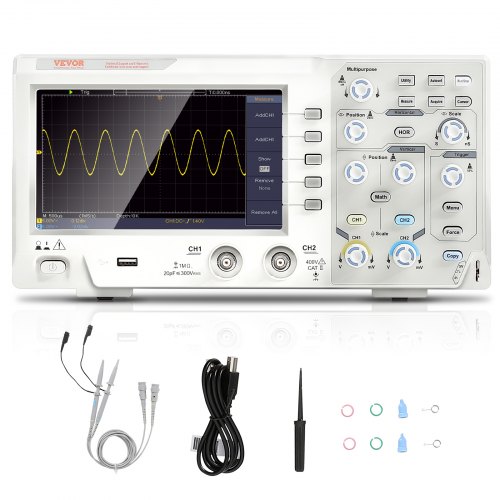 VEVOR Osciloscopio Digital 1 GS/s Frecuencia de Muestreo Kit de Osciloscopio Profesional Ancho de Banda 100 MHz 2 Canales Algoritmos Matemáticos y FFT para Medición de Señal Mantenimiento Depuración