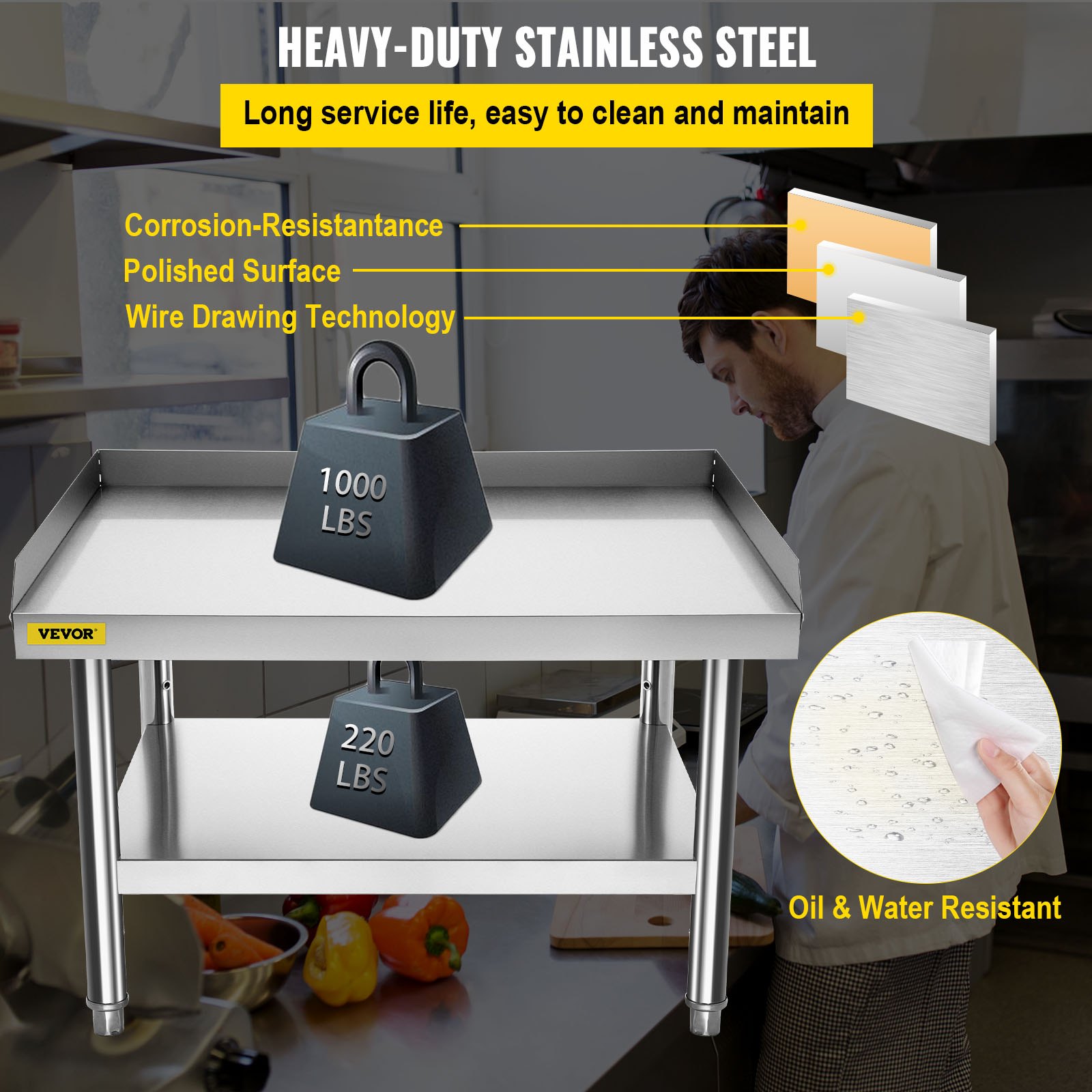 Mesa de acero inoxidable VEVOR para preparación y trabajo, soporte para equipos de cocina de 36" x 30