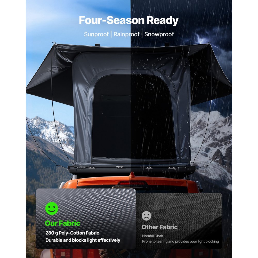 VEVOR Tienda de Techo Rígida para 2-3 Personas, Tienda de Campaña para Techo de Coche con Luz LED, Colchón Grueso y Una Ventana, Impermeable y Resistente al Viento, para Jeep, SUV, Camionetas