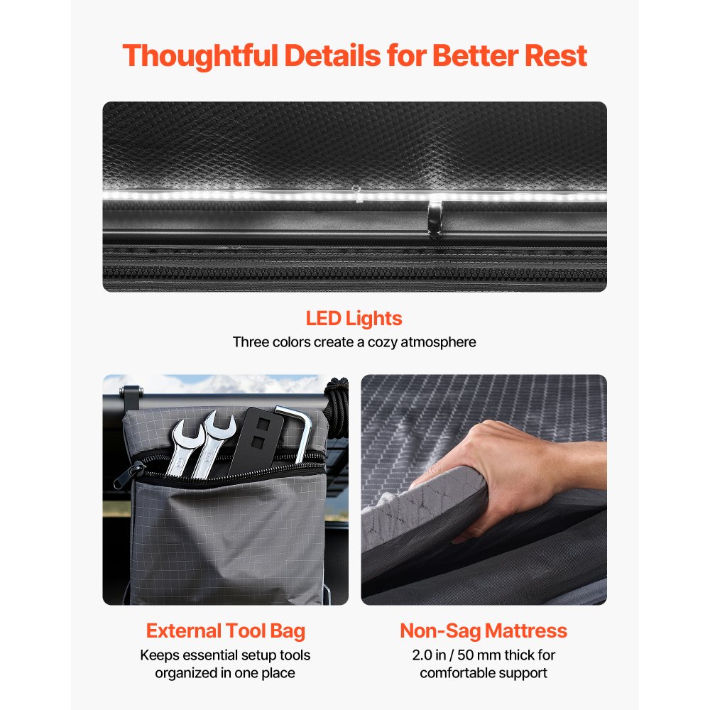 VEVOR Tienda de Techo Rígida para 2-3 Personas, Tienda de Campaña para Techo de Coche con Luz LED, Colchón Grueso y Una Ventana, Impermeable y Resistente al Viento, para Jeep, SUV, Camionetas