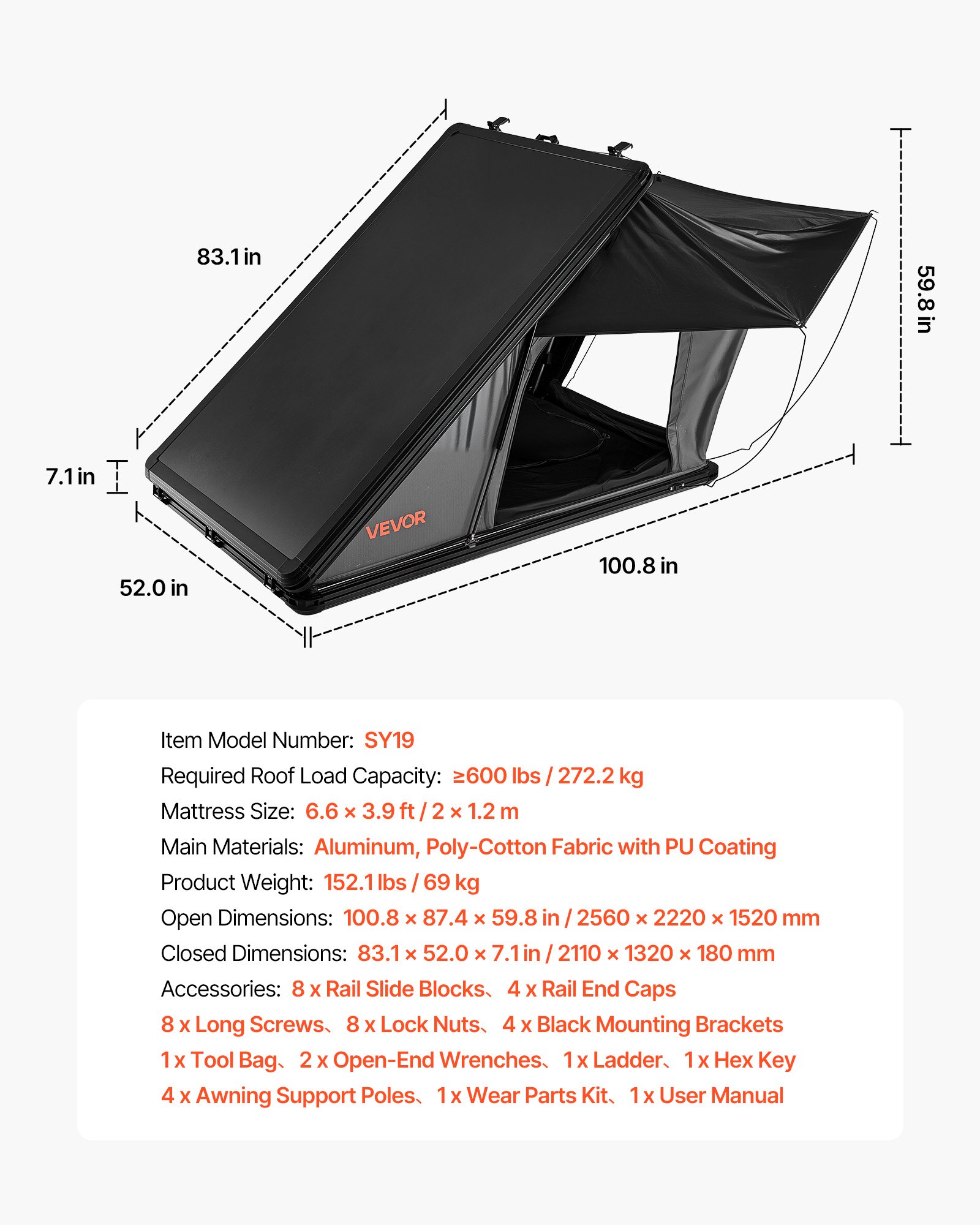 VEVOR Tienda de Techo Rígida para 2-3 Personas, Tienda de Campaña para Techo de Coche con Luz LED, Colchón Grueso y Una Ventana, Impermeable y Resistente al Viento, para Jeep, SUV, Camionetas