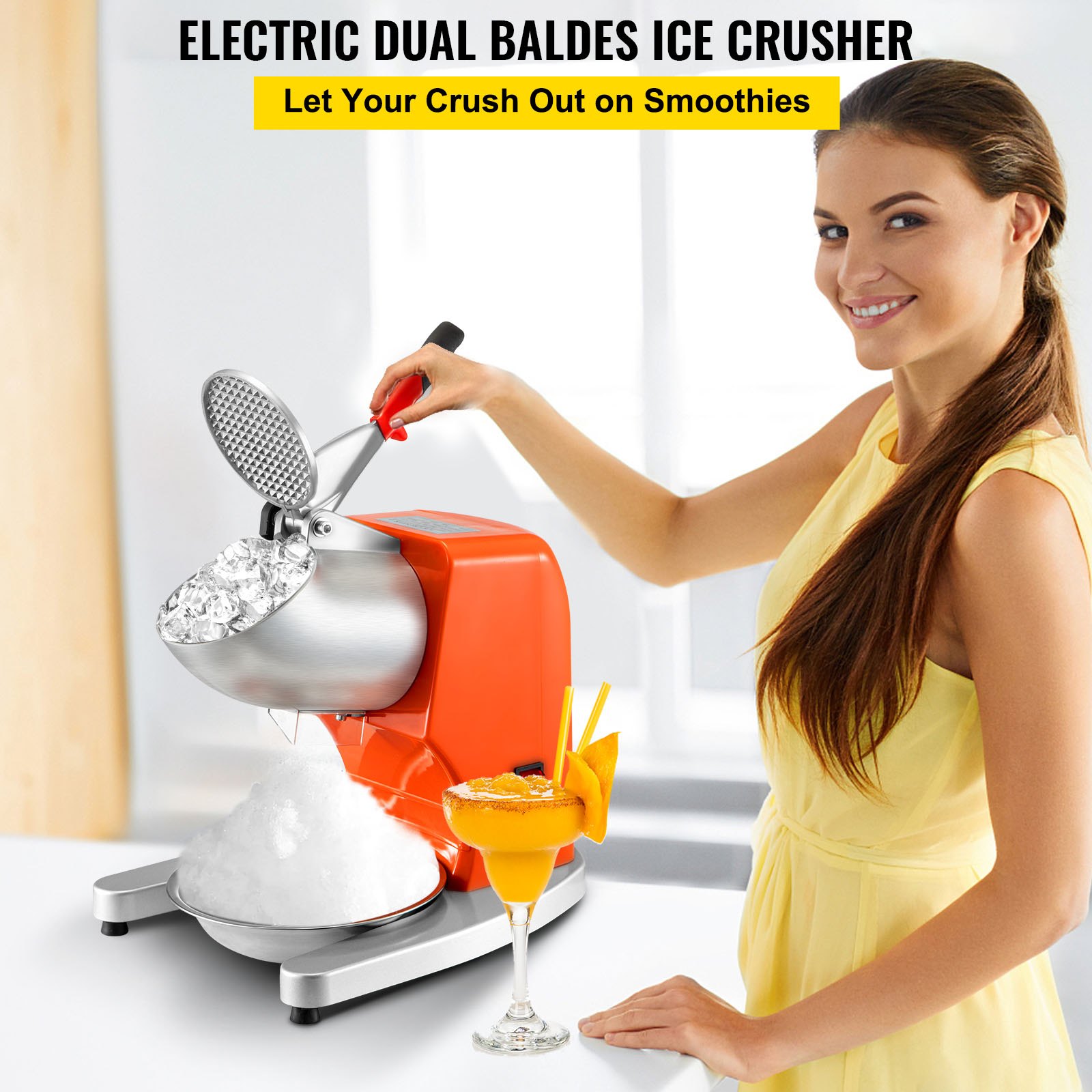 VEVOR Trituradora de Hielo Eléctrica 300 W 95 kg / H Picadora de Hielo 1450 r / min Trituradora de Hielo Profesional con Palas Dobles Acero Inoxidable Hogar y Comercial Base U Antideslizante Naranja
