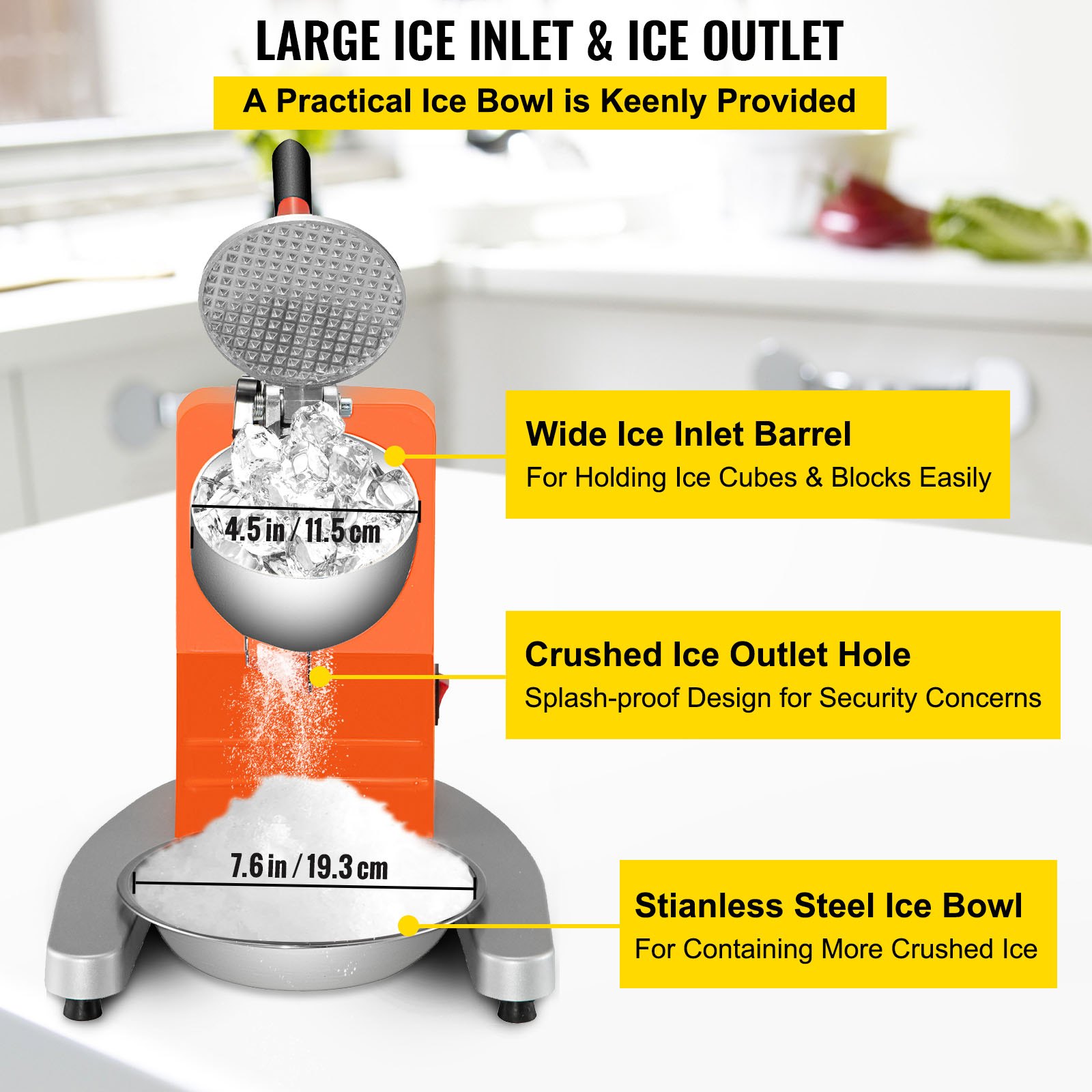 VEVOR Trituradora de Hielo Eléctrica 300 W 95 kg / H Picadora de Hielo 1450 r / min Trituradora de Hielo Profesional con Palas Dobles Acero Inoxidable Hogar y Comercial Base U Antideslizante Naranja