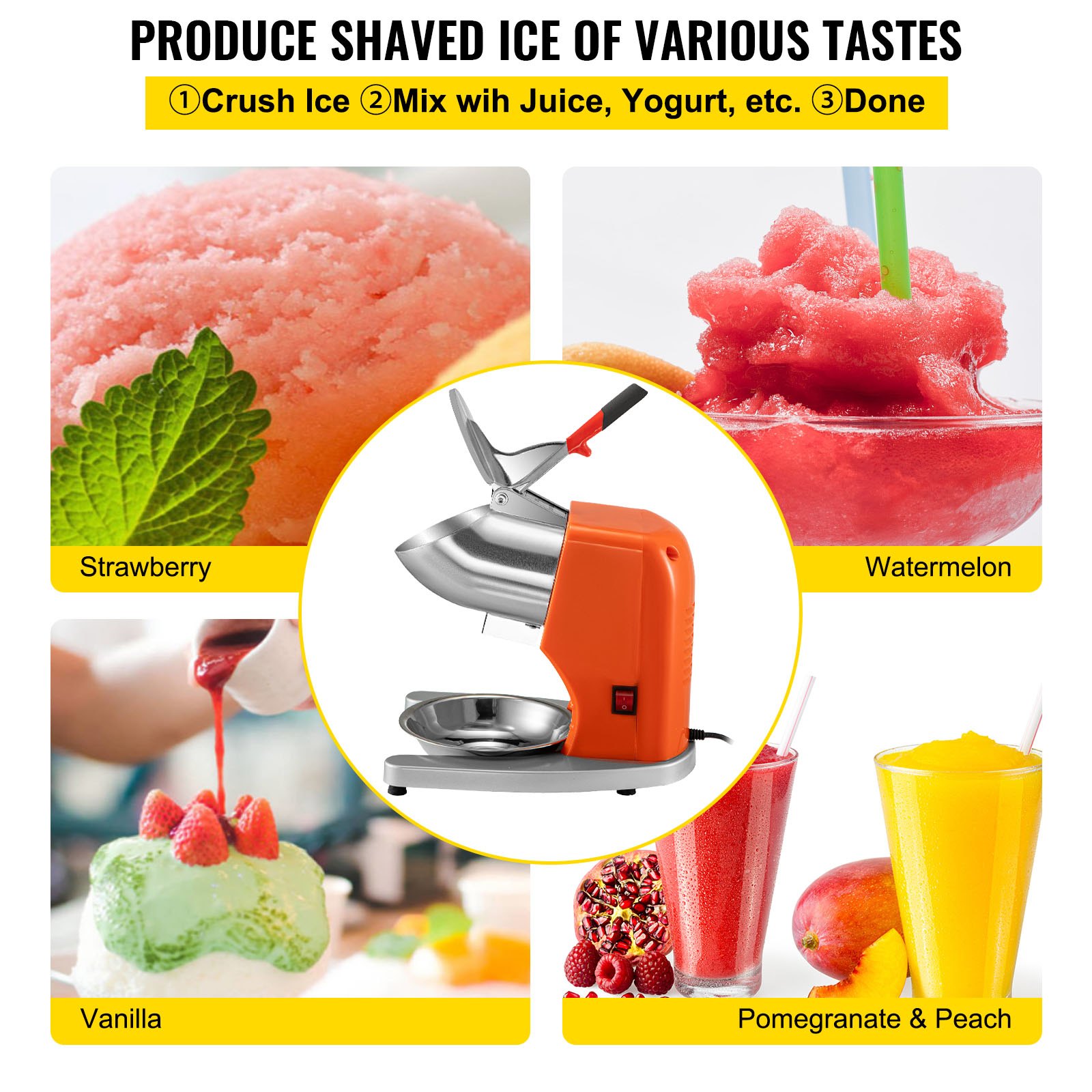 VEVOR Trituradora de Hielo Eléctrica 300 W 95 kg / H Picadora de Hielo 1450 r / min Trituradora de Hielo Profesional con Palas Dobles Acero Inoxidable Hogar y Comercial Base U Antideslizante Naranja