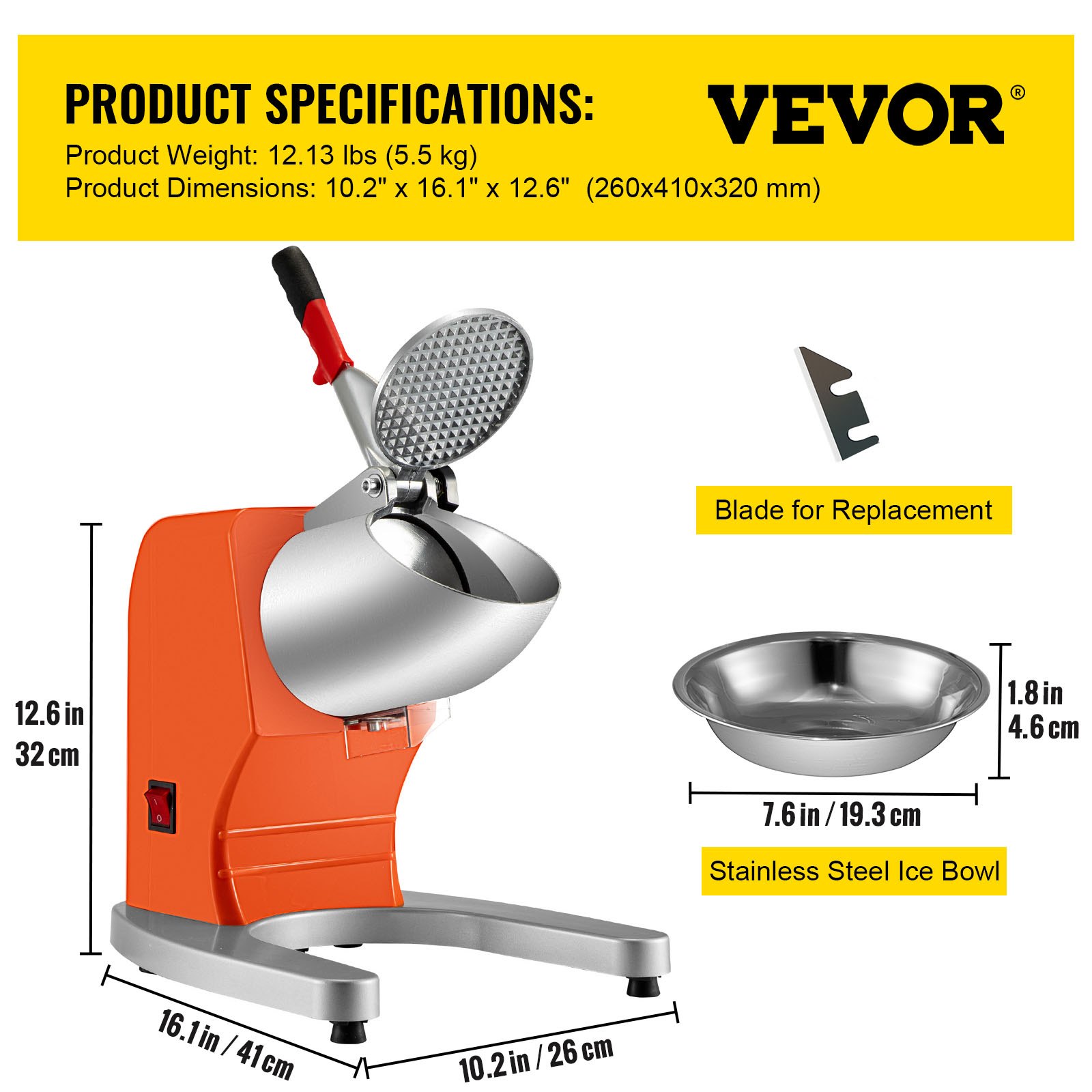 VEVOR Trituradora de Hielo Eléctrica 300 W 95 kg / H Picadora de Hielo 1450 r / min Trituradora de Hielo Profesional con Palas Dobles Acero Inoxidable Hogar y Comercial Base U Antideslizante Naranja