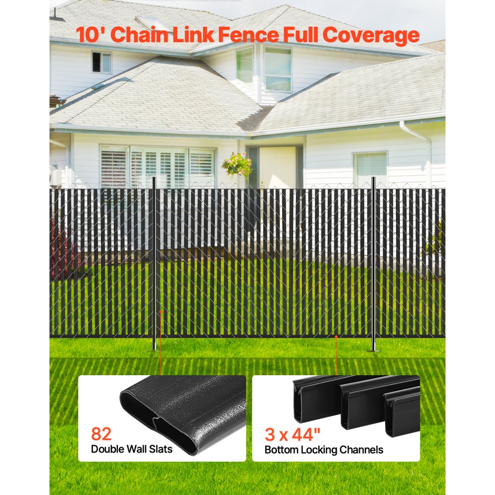 VEVOR privacy screen slats, 1740 mm double-walled vertical slats with bottom locking mechanism for chain link fences, HDPE chain link slats, ideal for garden, farm, sports field (black)