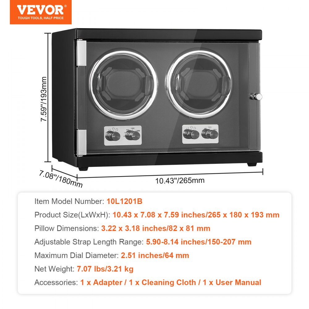 VEVOR Watch Winder, Automatic Watch Winder, Watch Winder for Automatic Watches, Automatic Watch Winder with Space for 2 Watches, LED Lighting, 150-207 mm Adjustable Strap Length