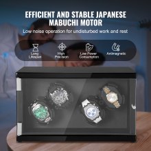 VEVOR Caja enrolladora automática para relojes con capacidad para 4 relojes automáticos con 2 motores silenciosos japoneses Mabuchi 5 modos de cuerda en panel de alta densidad y LED acrílico azul