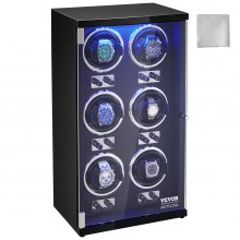 VEVOR Caja enrolladora automática para relojes con capacidad para 6 relojes automáticos con 6 motores silenciosos japoneses Mabuchi 5 modos de cuerda en panel de alta densidad y LED acrílico azul