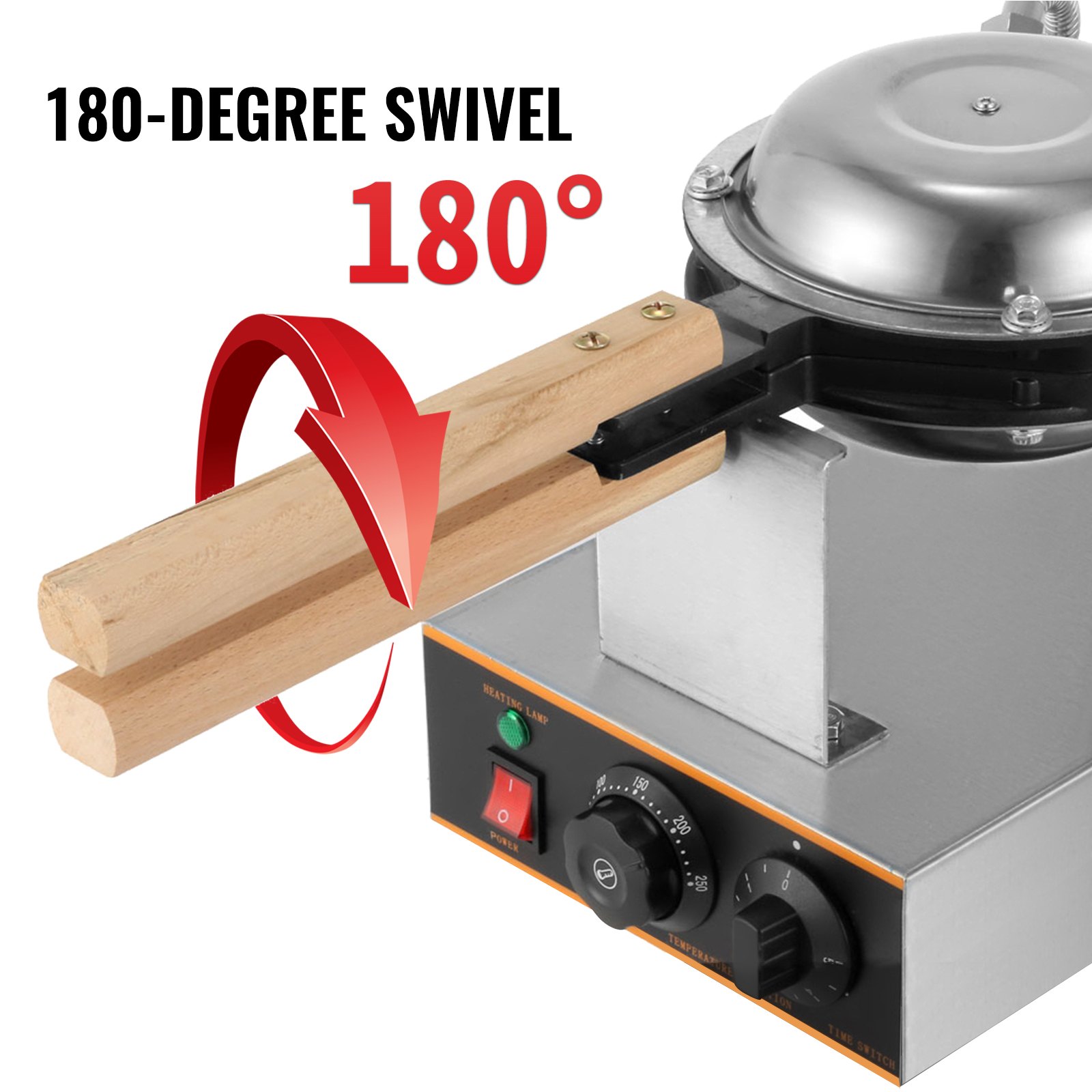 VEVOR Gofrera Máquina de Gofre de Acero Inoxidable para Hacer Bubble Waffles Girario 180 Grado con Mango de Madera